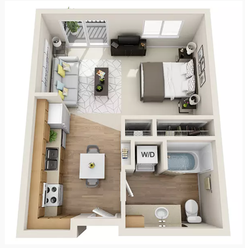 Floor plan for studio, 1 bath, 499 sqft